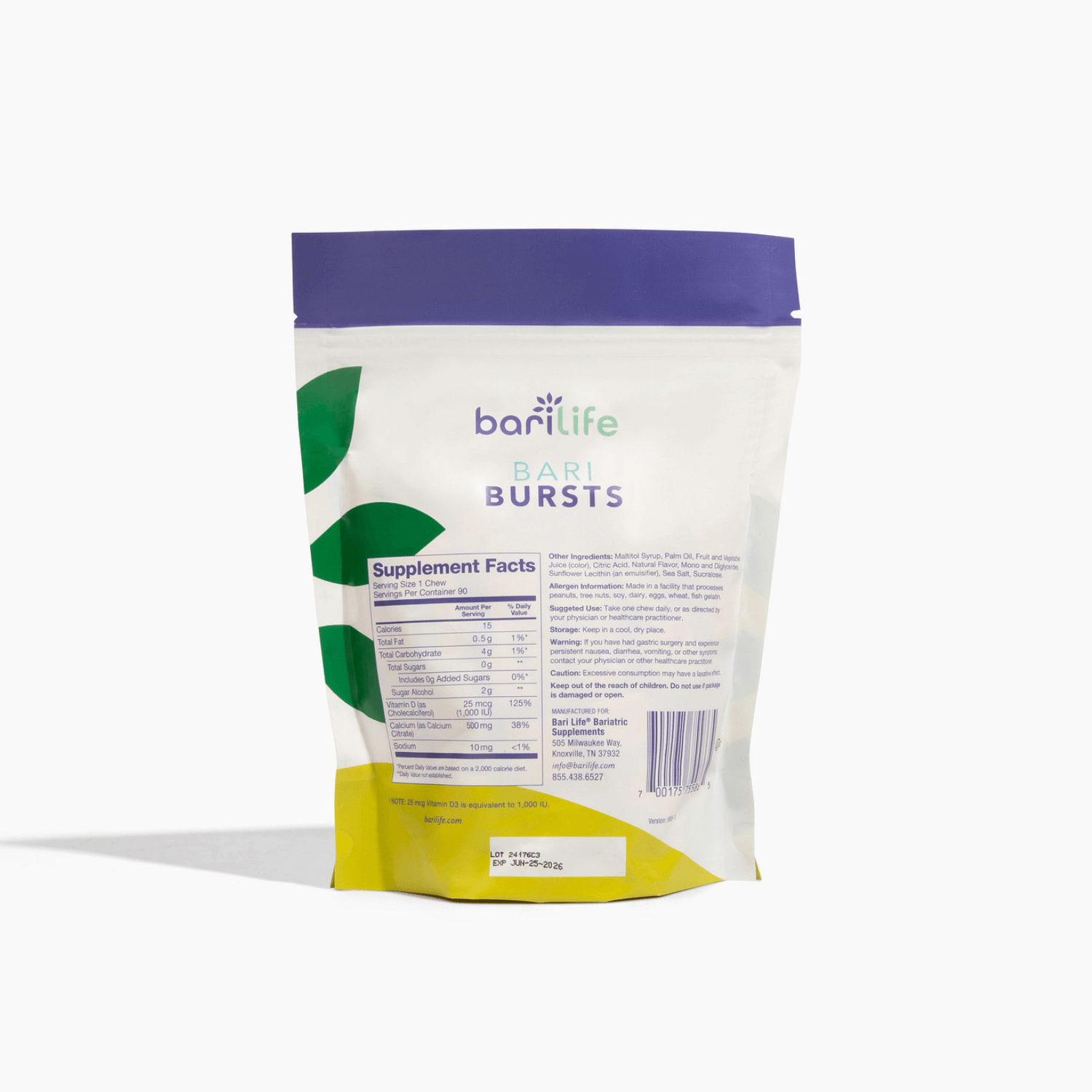 BariBurst Bariatric Calcium Chews package showcasing supplement facts, featuring vibrant design and nutritional information.